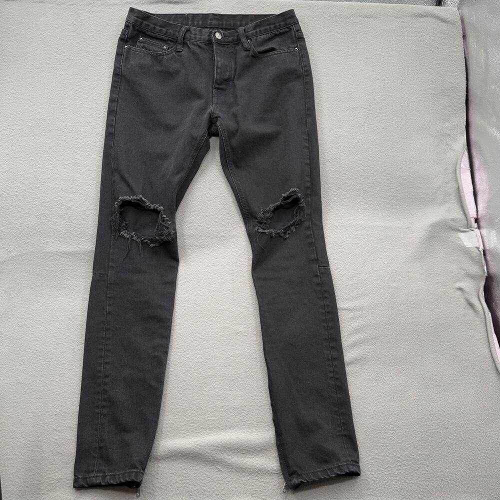 mnml Jeans Mens 32 Black Distressed Skinny Ripped‎ Knees Ankle Zip Stretch Denim